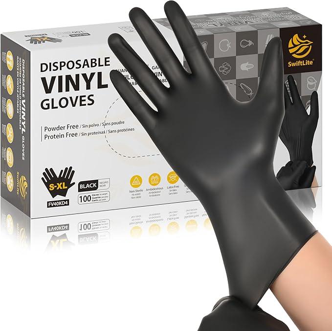 SWIFTLITE Black Vinyl Gloves, Food Grade Gloves Disposable Latex Free & Powder Free, Guantes for Cleaning Cooking Food Prep (100, Medium)