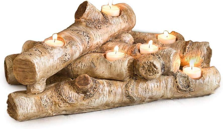 Plow & Hearth Faux Birch Wood Resin Logs Candle Holder for Fireplace | Romantic Ambiance Without Heat or Mess | Holds 8 Tea Lights| Realistic Sculpted Logs | 18" L x 10.5" W x 8" H (Birch)