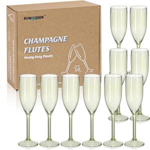 XUWAIDSGN 10 Pcs Reusable Champagne Flutes Plastic Wine Glasses Bulk Vintage Champagne Flutes Mimosa Bar Glasses Stemmed Drinking Cups 5.4OZ for Christmas Birthday Wedding Bride