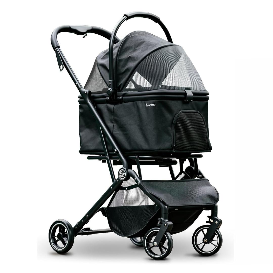 4 Wheels Pet Stroller, Dog Stroller for Small/Medium Dogs and Cats up to 33 lbs, One-Click Fold & Draggable, Removable Carrier, Zipper less Entry, Mesh Windows, Black