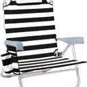 Backpack Beach Chair for Adults 5 Position Reclining Low Beach Chair with Cooler, Cup Holder & Towel Bar, Lightweight Folding Beach Chair Backpack, Portable Lay Flat Beach Lounger Black Stripe