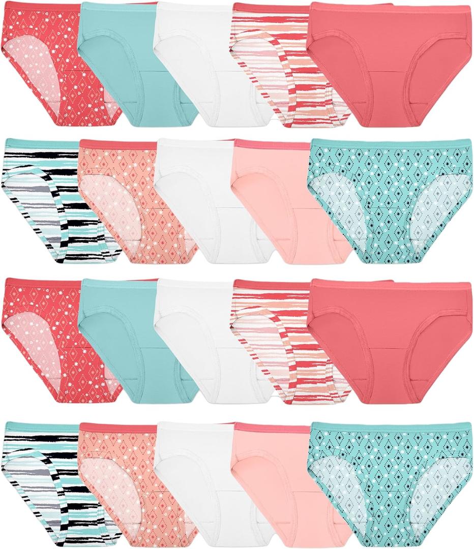 Fruit of the Loom Girls' Cotton Hipster Underwear, 20 Pack-Fashion Assorted, 14