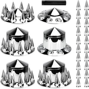 Axle Cover Combo Kits for Semi Truck Hubs w/Screw-On 33mm Lug Nut, Spike ABS Plastic Chrome Plated, 2 Front & 4 Rear, 10 Hole Removable Caps, 6Pcs