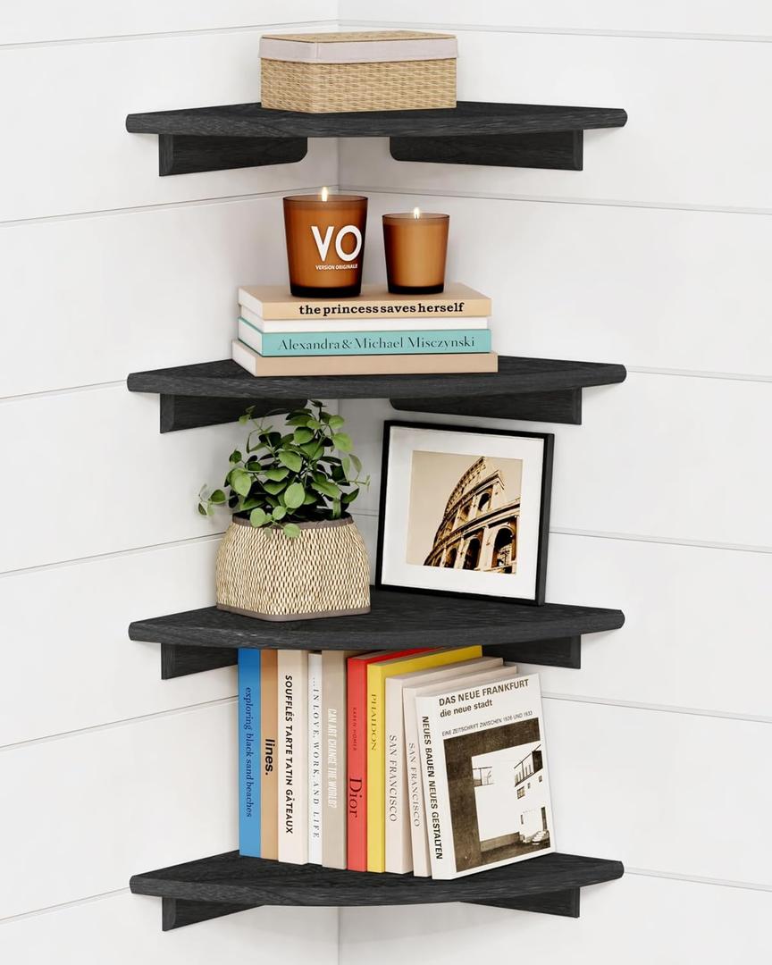 Forbena Black Floating Corner Bookshelf for Wall Set of 4, Large Corner Plant Shelves for Living Room, Rustic Rounded Hanging Bookshelves Wall Mounted for Bedroom Books, Kitchen, Closet, Office (12" Depth)