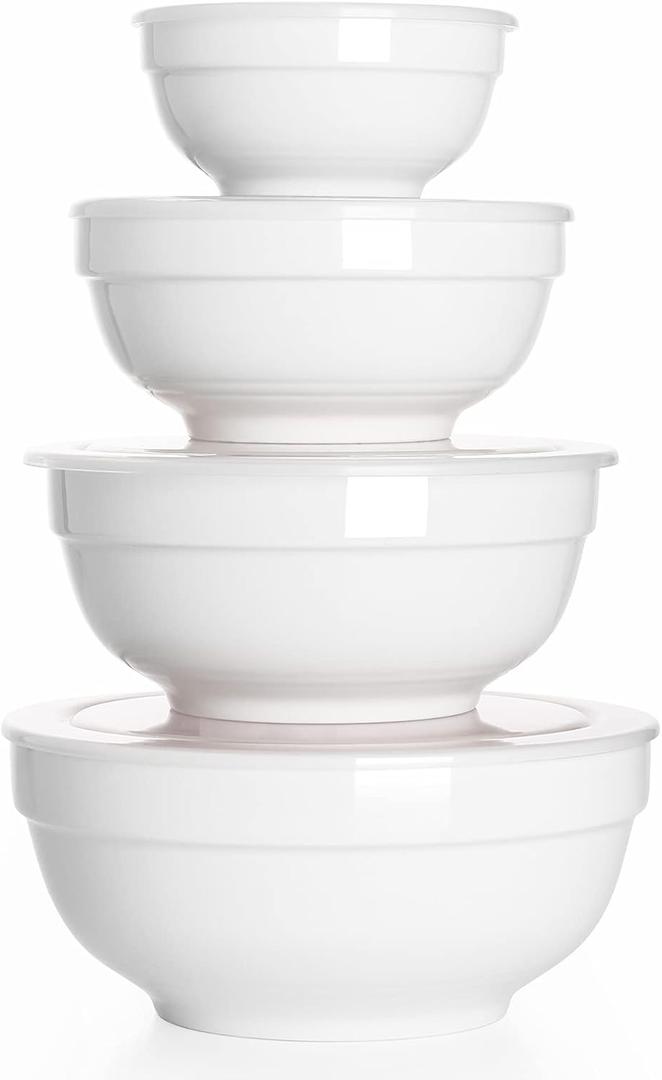DOWAN Ceramic Bowl Set with Lids, Serving Bowls, Food Storage Container, Porcelain Prep Bowl, Small Mixing Bowls for Kitchen, Microwave & Dishwasher Safe, 64/42/22/12 Ounces, Set of 4, Soft White