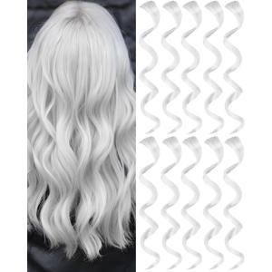 Olldag White Hair Extensions, Curly Wavy Synthetic Hairpieces Clip in Rainbow Neon Party Highlights, Colorful Hair Accessories for Girls Women 17 inch (White)