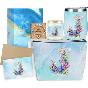 Personalized Gifts Monogrammed Birthday Gifts for Women, Maid of Honor Bachelorette Wedding Christmas Initial Wine Tumbler Makeup Bag, (Aesthetic Blue Flower J)