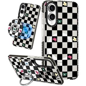 Cute Case for Samsung Galaxy S25 Edge for Women Girls - Funny Plaid Flower Design Compatible with Magsafe Magnetic Ring Holder Kickstand Fashion TPU Phone Covers