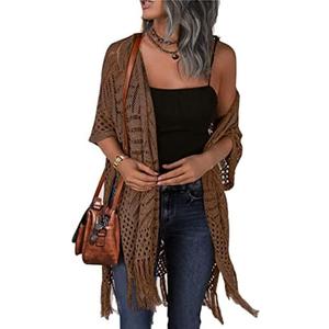 HOTOUCH Womens Knit Cardigan Open Front Outwear Hollow Out Crochet Tassel Lightweight Kimonos Sweater XXL