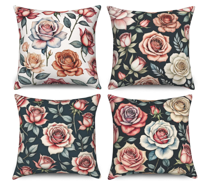 Yanutan Floral Throw Pillow Covers, Rose Flower Decorative Velvet Pillow case, Vintage Boho Floral Pattern 4-Pack Double-Side Printed Pillowcases for Sofa Home Living Room, 18x18 in