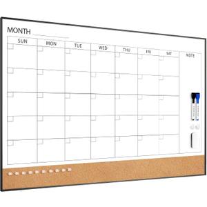 ARCOBIS Dry Erase Calendar with Cork Board for Wall, 36"x 24" Magnetic Calendar Whiteboard with Black Frame, Monthly Combination Board for School, Home, Office