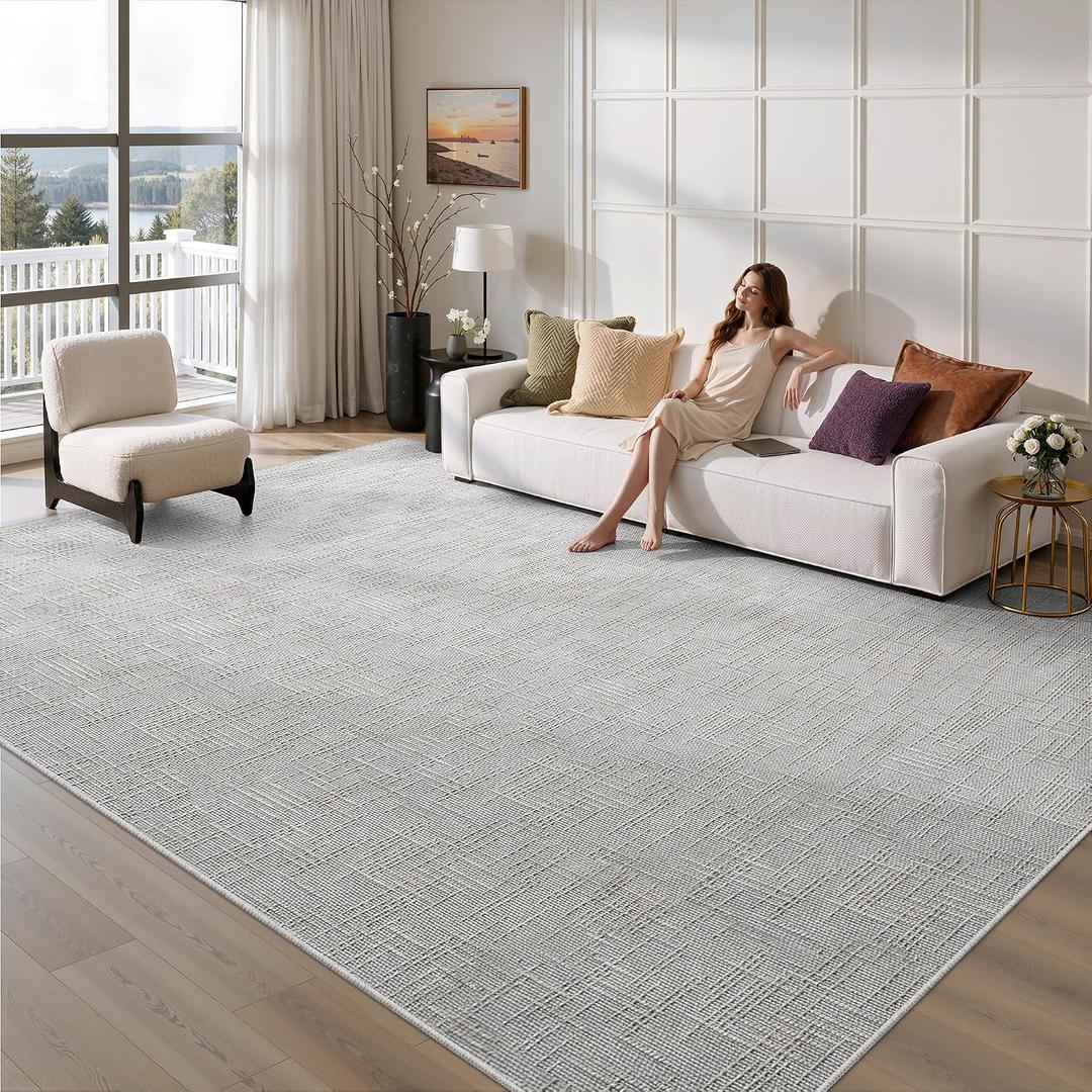 8x10 Area Rugs for Living Room, Soft High-Low Pile Large Washable Rug, Grey