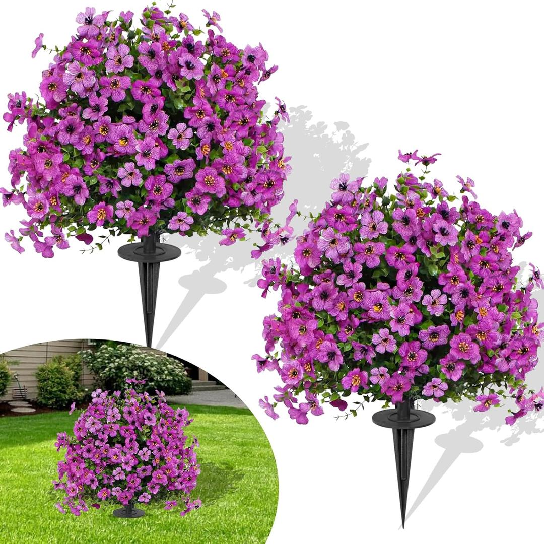 23" Set of 2 Artificial Boxwood Topiary Ball with Violet Flowers with Spikes for Outdoor , UV Resistant Faux Greenery Shrubs, Realistic Fake Bushes Plants for Garden, Yard, Front Porch, Patio Decor