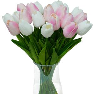 20pcs White and Pink PU Faux Tulips Flowers 13 Inch Fake Flowers Mother's Day Easter ValentineS Day Gifts in Home Kitchen Wedding Dining Table Decoration