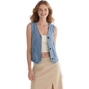 Women's Denim Sleeveless Casual Vest for women, Jean Vest Top, Light Wash, V Neck, Button Front with Dual Pockets (XXL)