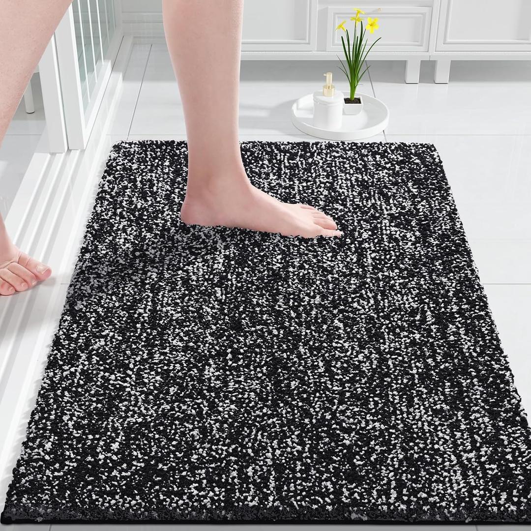 Yimobra Bathroom Rugs Mat, Extra Soft Comfortable Bath Rugs, Non-Slip, Water Absorbent and Thick Bathroom Floor Mats, Machine Washine, Shaggy Rugs for Shower Bathtubs, 32" x 20", Black&White