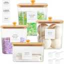 Acrylic Laundry Room Storage Container Set of 4, Clear Laundry Detergent Organizer Containers with Wooden Lids & Labels & Spoons, Laundry Pods Holder for Powder, Scent Booster