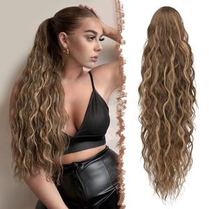 FESHFEN Ponytail Extensions - 26 inch Drawstring Long Curly Wavy Clip in Ponytails Synthetic Hair Piece Pony Tail Hairpieces for Women, Honey Blonde Mixed Light Brown