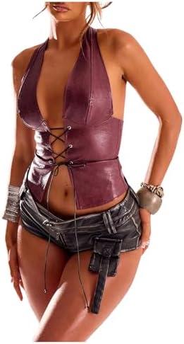 BEAUDRM Women's PU Leather Halter Tank Top Lace Up Front Crop Top Sleeveless Y2K Backless Top.M BEAUDRM Women's PU Leather Halter Tank Top Lace Up Front Crop Top Sleeveless Y2K Backless Top.M