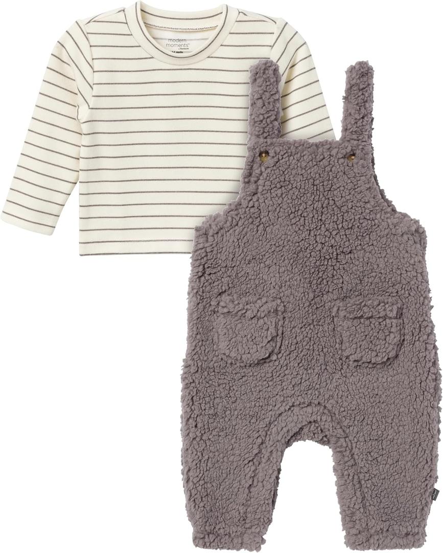 Modern Moments by Gerber unisex-baby 2-piece Microplush Overall Set (3-6 Months, Med Gray)