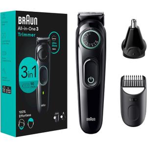 Braun All-In-One Style Kit Series 3 3430, 3-in-1 Trimmer for Men with Beard Trimmer, Ear & Nose Trimmer, Hair Clippers, Ultra-Sharp Blade, 20 Length Settings, Washable (5 Piece Set, Black)