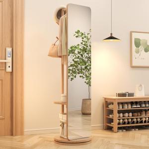 AnywaysWood 70"x19"Full Length Mirror with Stand,Coat Rack with Mirror,Solid Wood Floor Mirror,Swivel Mirrorfor Bedroom, Living Room, Cloakroom