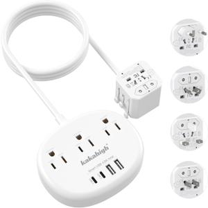 European Travel Plug Adapter with USB C, Multi Country Outlet Adapter with 3 AC Outlets and 4 USB Ports, Type A/C/G/I Plug Adapter for US to Most of Country, Universal Travel Adapter, 3FT