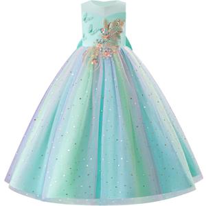IBTOM CASTLE Pageant Dress for Girls Flower Girl Sleeveless Mesh 3D Butterfly Pearl Floral Sequins Tulle Long Dress Toddler Kids Birthday Party Wedding Formal Ball Gown Teal Green 9-10 Years