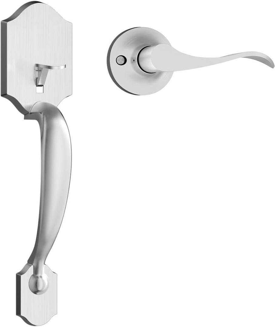 Haidms Brushed Nickel Front Door Handle No Lock, Exterior Door Handleset with Reversible Handle Lever, Keyless Single Cylinder Entry Door Handle with Lower Half Lever for Left and Right Hand Door