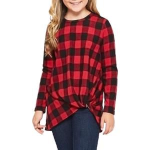 Ecokauer Girls Casual Long Sleeve Shirts Knot Front Tunic Tops Tees Blouses for Children Fashion Clothes (Red, M)