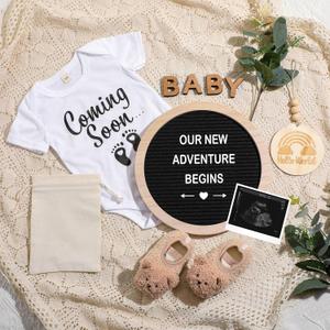 8 Pcs Pregnancy Announcement Set Pregnancy Reveal Ideas Include Felt Letter Round Board Kit Baby Bodysuit Booties Wood Blocks Wooden Signs for Coming Soon Baby Announcement(Black)