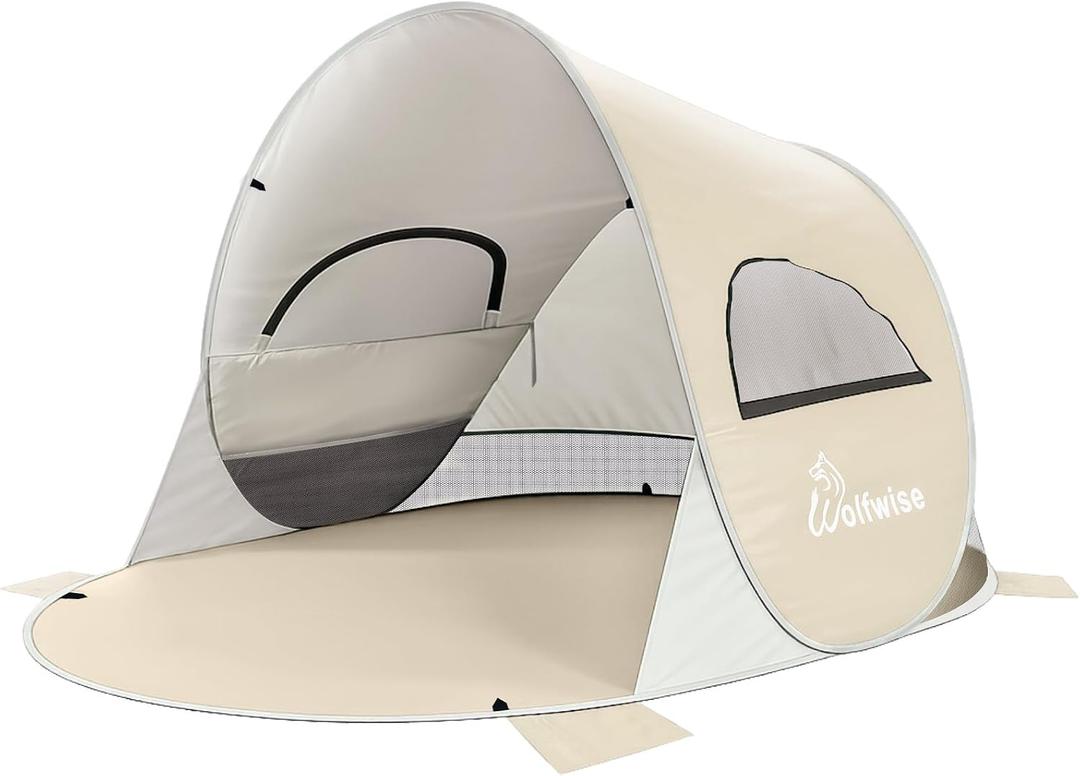 Wolfwise Pop up Beach Tent Sun Shelter with UPF50+ UV Protection, Instant Easy Setup Popup Beach Shade Canopy for 3 Person, Portable & Foldable with Carring Bag, 87 ×57×47 in, Beige