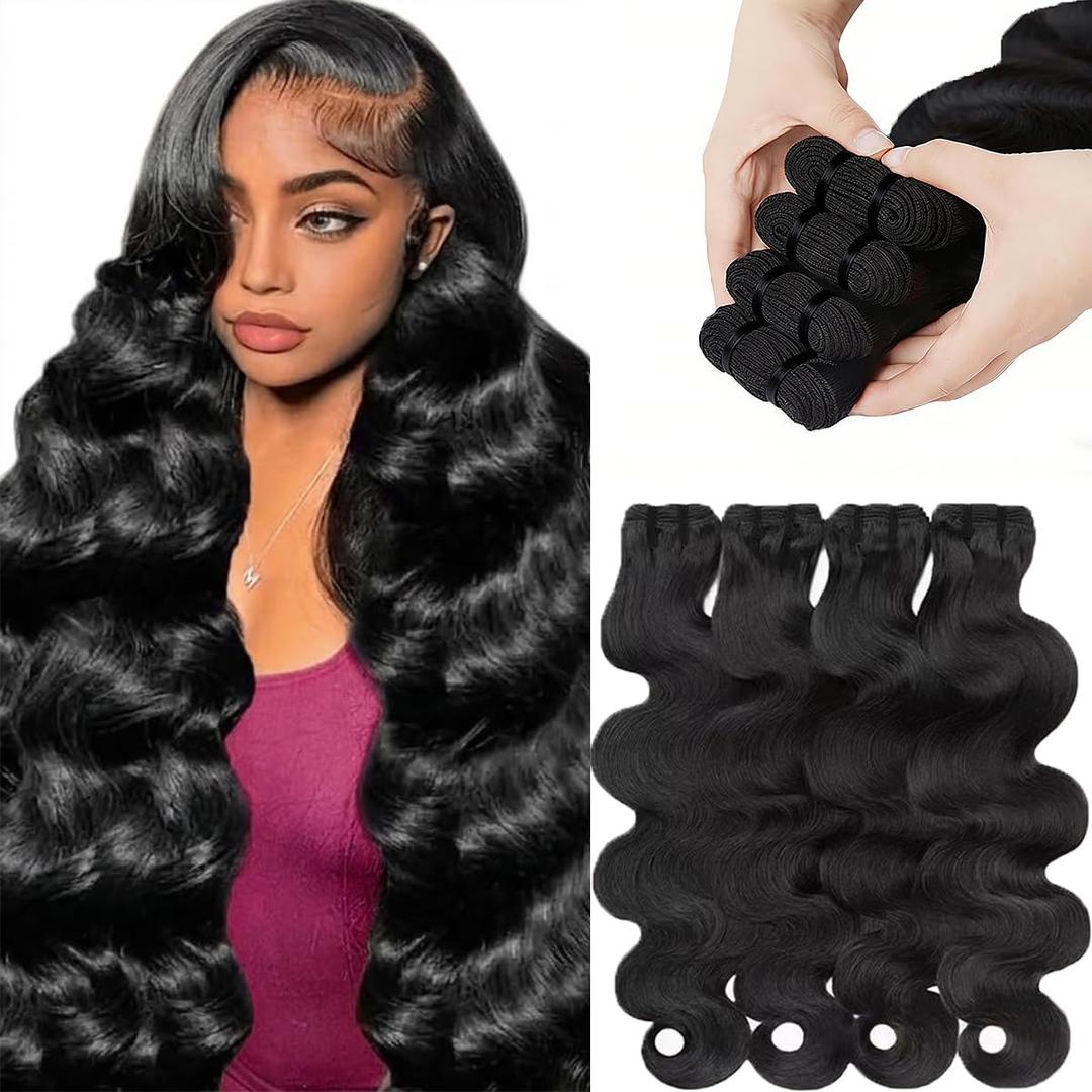 14A Human Hair Bundles 22 24 26 28 Inch Body Wave 100% Unprocessed Brazilian Virgin Hair 4 Bundles Human Hair Extensions Quick Weave No Tangle Shedding Silky Soft