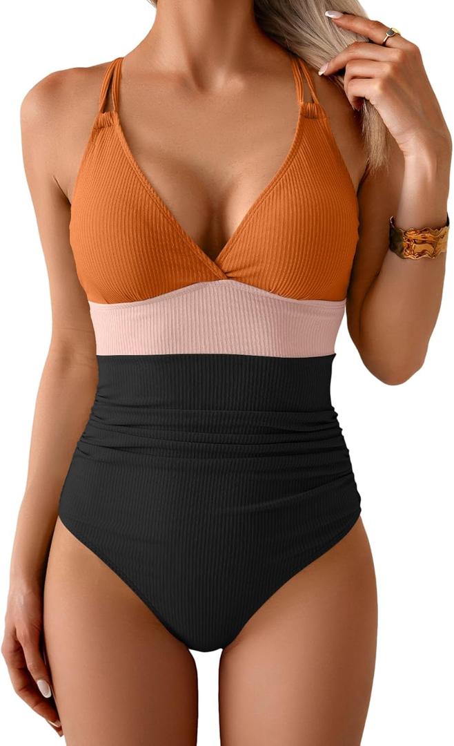 Women's One Piece Color Block Swimsuit Tummy Control Slimming Bathing Suit V Neck Cutout High Waisted Swimwear