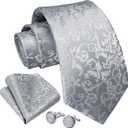 Enlision Mens Ties Solid Color Satin Necktie Ties for men Handkerchief Cufflinks Pocket Squares for Wedding (S1-light Grey Paisley)