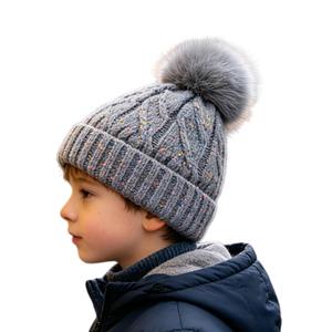 Fulcyla Winter Knit Beanie Hat for Kids Girls with Faux Fur Pom Warm Fleece Lined(Grey M)