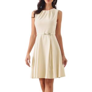 Allegra K Work Dresses for Womens Elegant Sleeveless Pleated Crew Neck Tie Waist A-line Business Casual Dress