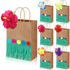 Kolldenn 24 Set Hawaiian Luau Paper Gift Bags with Handle, Hibiscus Flower and Grass Skirt, Tropical Hawaiian Party Favors for Birthday Party Supplies Treat Goodie Candy Guests Wedding Bachelorette