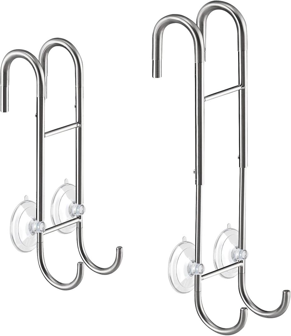 Shower Door Towel Hooks (2-Pack), 9"~13" Length Adjustable Hook for Framed & Frameless Over The Door Glass, Squeegee Holder, Towels Hanger for Bath Suits Rozer Robes Loofahs Shavers, Silver