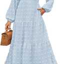ZESICA Women's Spring Long Sleeve Maxi Dresses 2026 Crew Neck Swiss Dot Tiered Flowy A Line Wedding Cocktail Party Dress (Light Blue), S