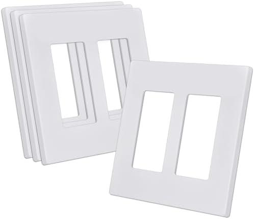 CML Screwless Decorator Wall Plate, 2 Gang Outlet Covers, 4 Pack Decorative Light Switch Plates, Hidden Screw Smooth Face, Standard Size 4.68” X 4.72”, UL Listed, White