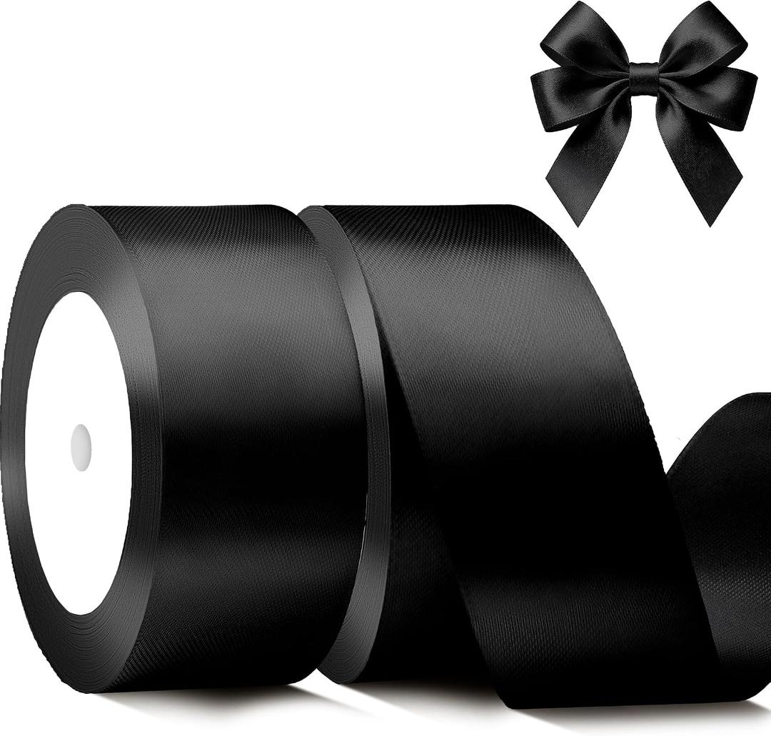 Black Satin Ribbon 1-1/2 Inch x 2 Rolls Black Wide Satin Fabric Ribbon for Gift Packaging, Christmas, Wedding, Flower Bouquet, Holiday Party, Invitation, Total 50 Yards