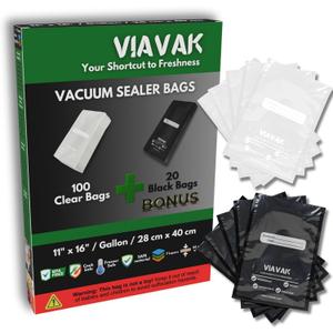 VIAVAK (11x16 Inch) Vacuum Sealer Bags for Food | 100 Clear + 20 Bonus Black | 7-Layer Commercial Grade, BPA-Free, Writable Surface for Content & Date, Heavy Duty for Food Storage & Sous Vide VIAVAK (11x16 Inch) Vacuum Sealer Bags for Food | 100 Clear + 20 Bonus Black | 7-Layer Commercial Grade, BPA-Free, Writable Surface for Content & Date, Heavy Duty for Food Storage & Sous Vide