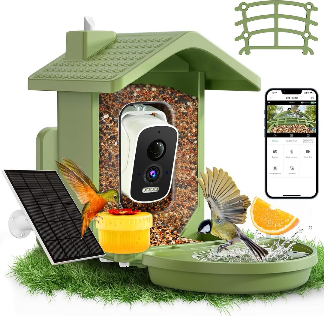 Smart Bird Feeder with Camera Solar Powered, AI Birds Species Identification, 2.5K HD Video Bird House with Camera for Outside, Weatherproof Design Ideal Gifts for Valentine's Day, Bird Lovers, Green