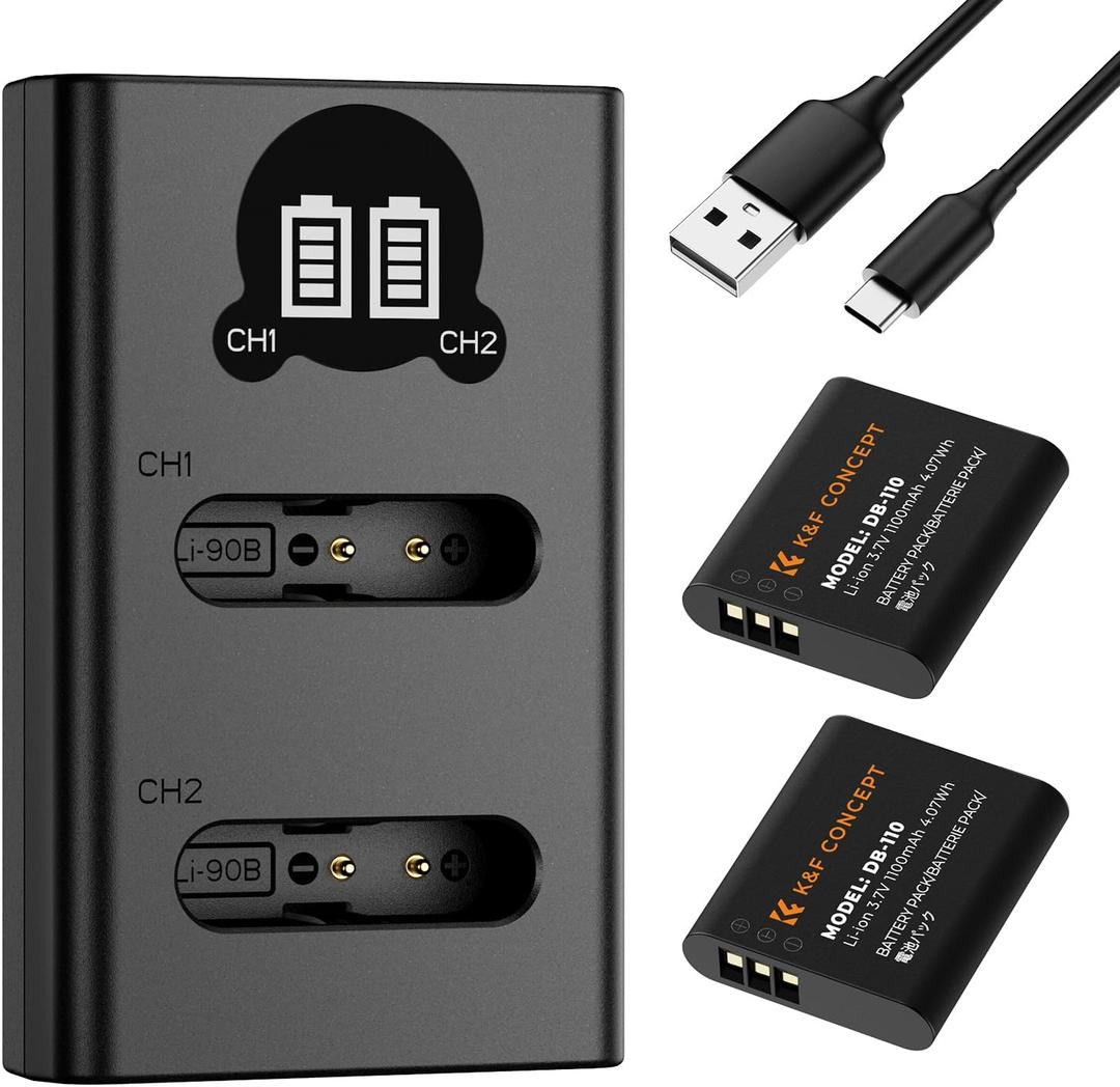 K&F CONCEPT Ricoh DB-110 Battery 1100 mAh with Dual Slot LCD Charger, Compatible with Ricoh GR III, GR IIIx, Theta X, WG-6, G900 II, G900SE II, Compatible with Olympus TG7/ 6/ 5/ 4/ Li-90B/ Li-92B