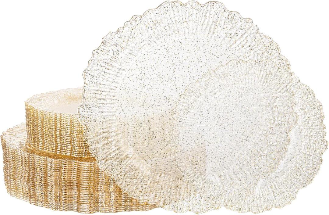 I00000 60 Pcs Gold Glitter Plastic Plates, Gold Disposable Party Plates, Premium Clear Plastic Plate Disposable Include 30 Dinner Platos 10" & 30 Dessert Platos 7" Perfect for Wedding & Party