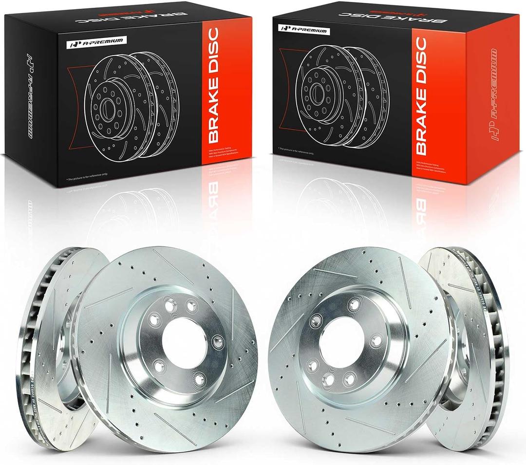 A-Premium 13.77 inch (349.7mm) Front Drilled and Slotted Disc Brake Rotors
for Select Audi, Porsche and Volkswagen Models - Q7 2007-2015, Cayenne 2003-2018, Touareg 2004-2010, 2-Pack