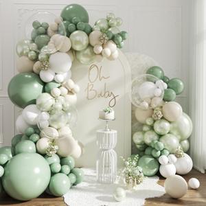 Sage Green Balloon Arch Kit 108Pcs Double Stuffed Pearl Green Sage Green Sand White Clear Balloons for Bridal Shower Baby Shower Birthday Wedding Engagement Party Decorations