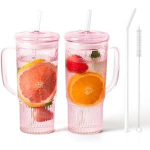 JunVpic Glass Cups with Lids and Straws, 24oz Glass Tumbler with Handle Iced Coffee Cup for Coffee, Juice, Tea, Milk, Smoothie, Hot & Cold Drinks (Pink)