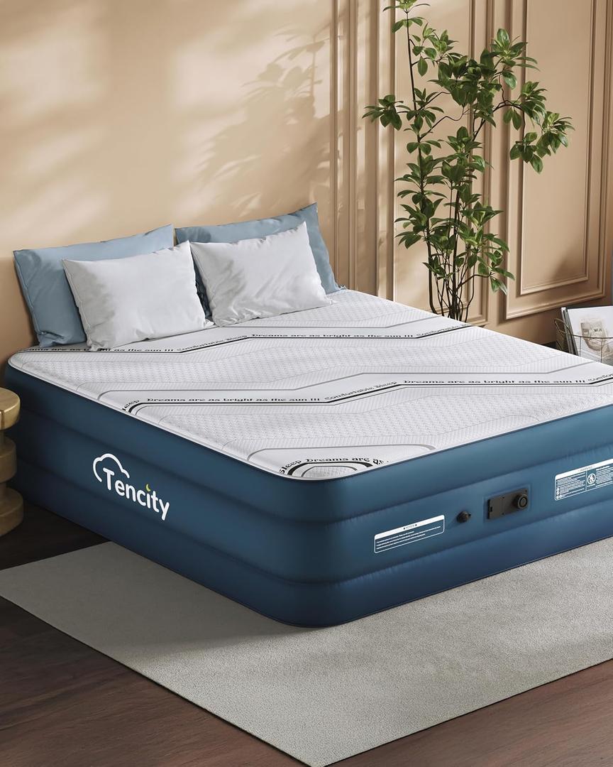 20 Tall Luxury Air Mattress with Quilted Foam Topper, Extra Firm Support with U-shaped PVC strap Inflatable Bed, Quiet & Comfortable Blow Up Bed for Home Guests, Camping, Travel, Fast Inflate AirBed